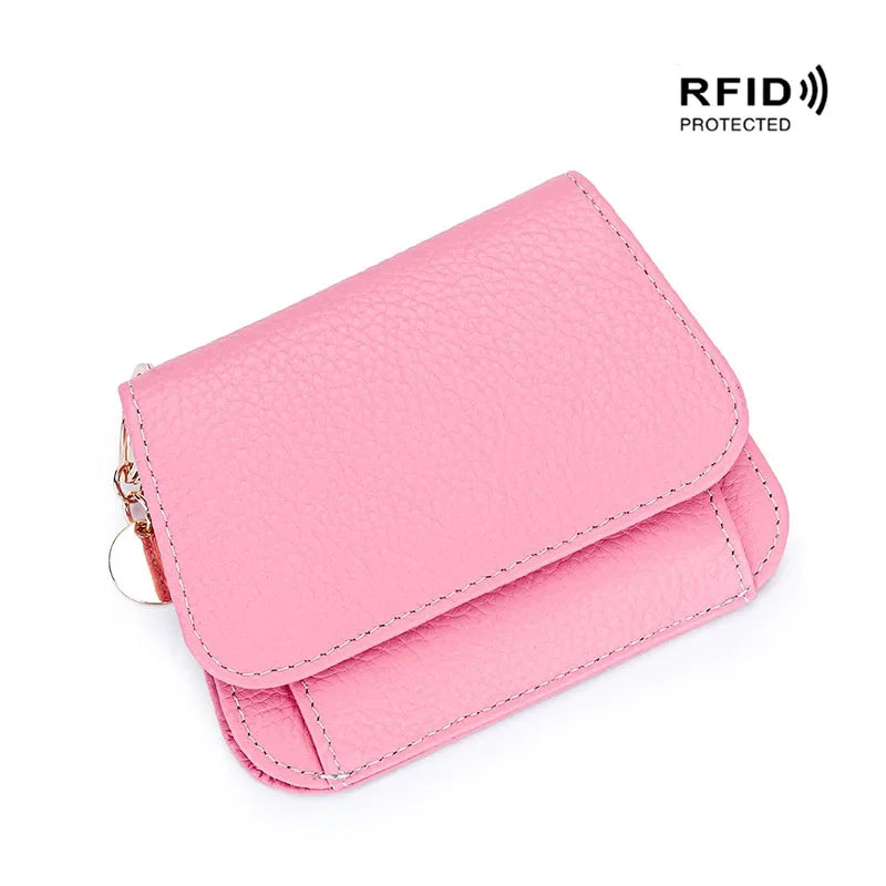 Women S Purse Leather Short Cowhide Rfid Multi-Card Bag Zipper Premium Coin