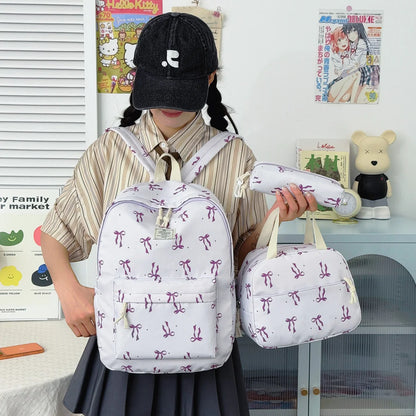 Sweet Girl Style Bow Print Three Piece Backpack Set Nylon Lightweight Large Capacity Campus