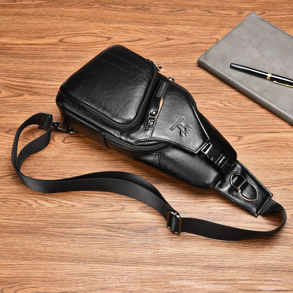 Top-Grain Cowhide Men S Chest Bag Retro Oil-Wax Cowhide Fashionable Genuine Leather Crossbody Chest