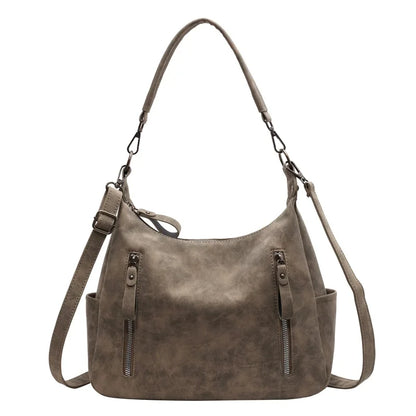 Soft Leather Hobo Bag – Multi-Zipper Shoulder & Crossbody Tote