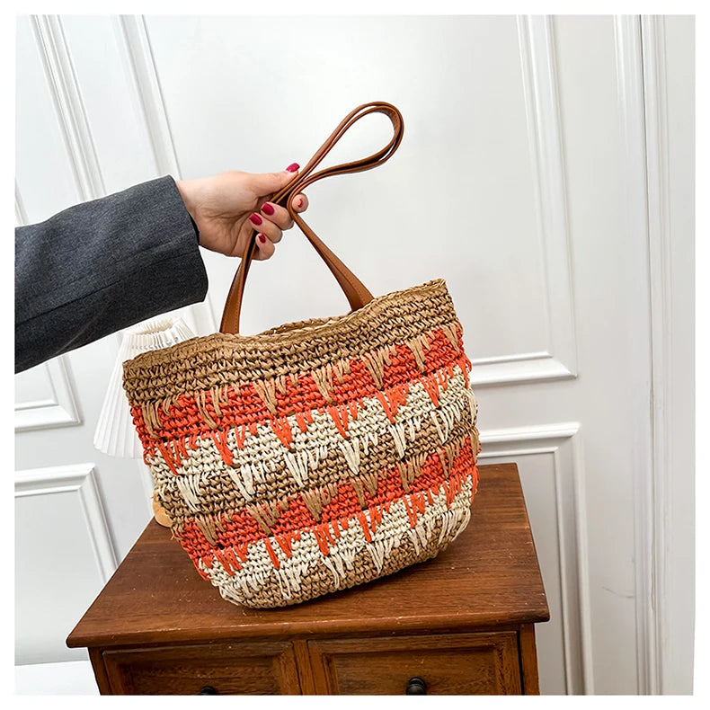 Straw Patchwork Zipper Large Capacity Casual Tote Spring