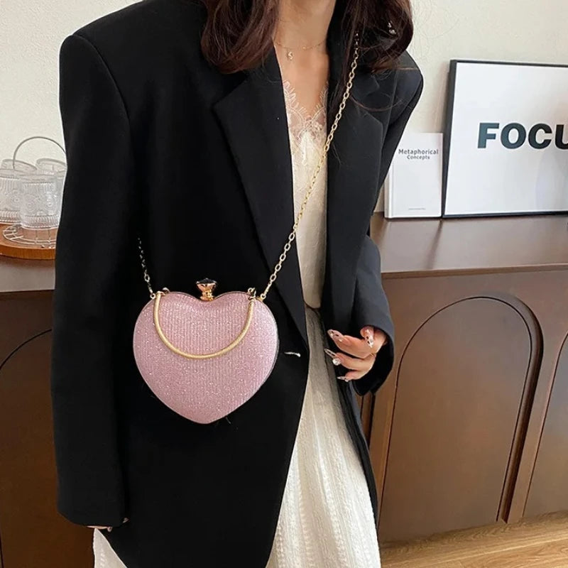 Heart Shaped Evening Bag for Women – Glitter Clutch Purse with Chain