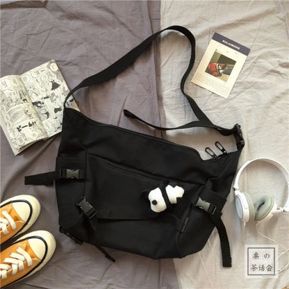 Canvas Crossbody Bag with Plush Pendant – Large Capacity Women's Shoulder Bag