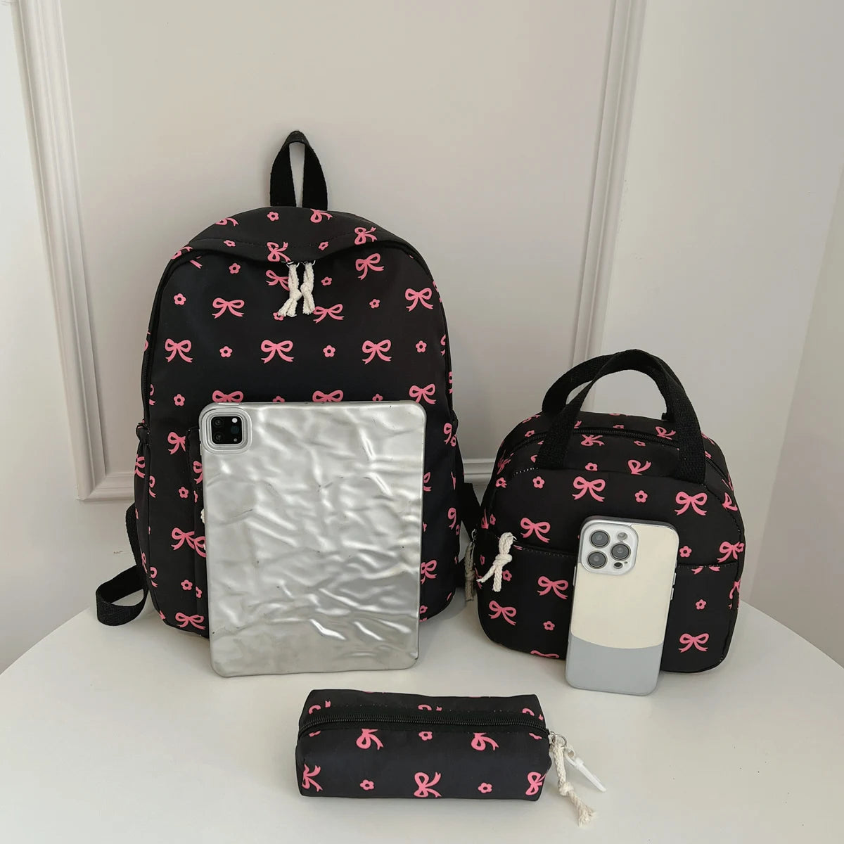 Sweet Fresh Butterfly Flower Printed Three Piece Backpack Set Lightweight Large Capacity Student
