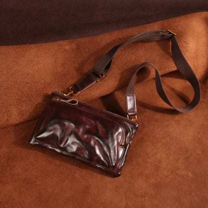 Plant Tanned Pleated Mobile Phone Containing Leather Cowhide Breast Bag Man Retro Motorcycle Sling