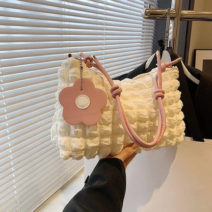 Bubble Quilted Shoulder Bag with Knotted Strap & Flower Charm