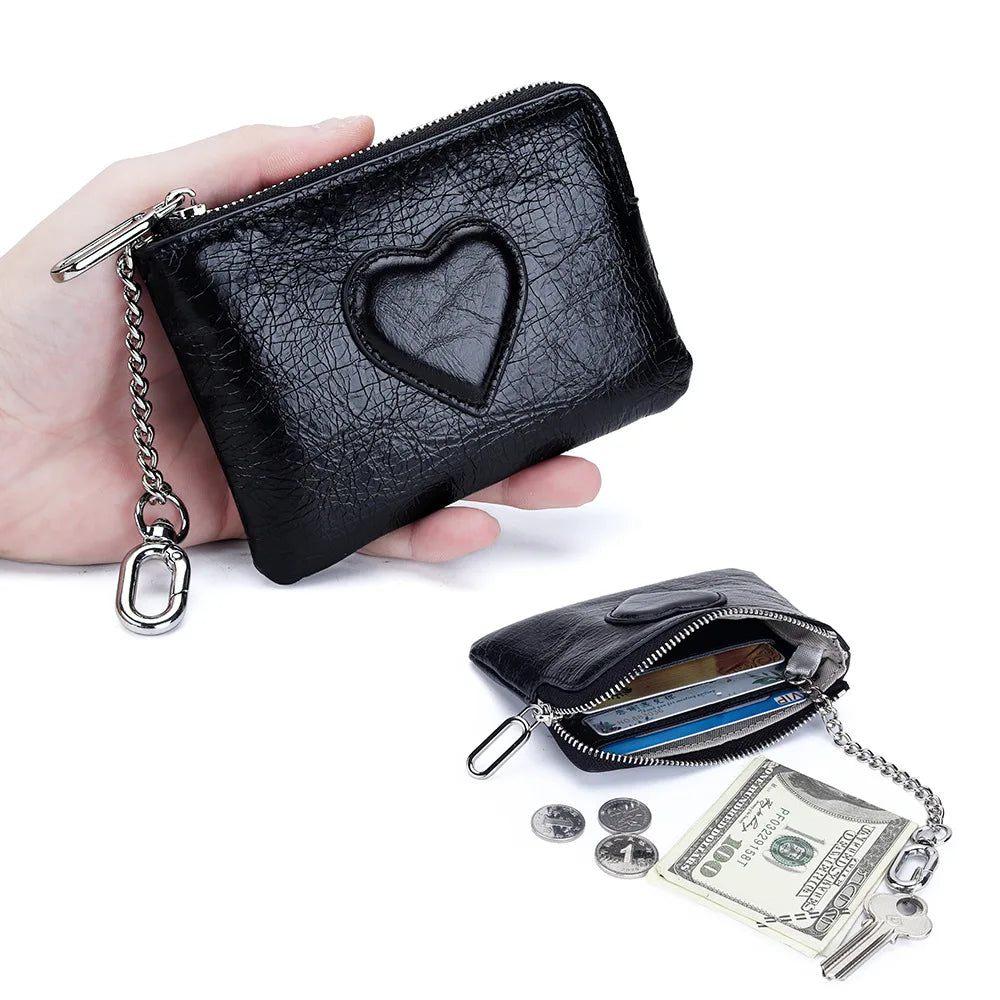 Oil-Wax Cowhide Small Lady S Heart Coin Purse Card