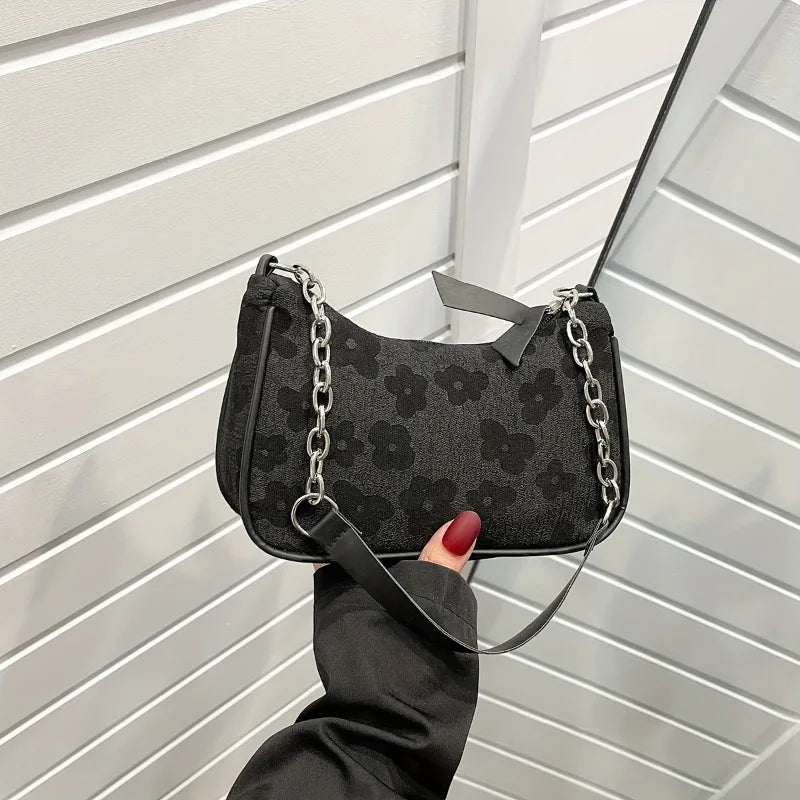 Floral Jacquard Underarm Bag – Silver Chain Shoulder Purse