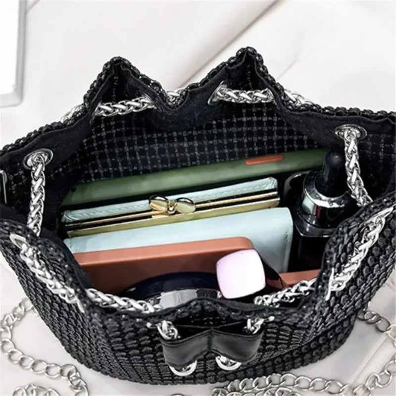 Rhinestone Bucket Bag – Women's Sparkling Drawstring Crossbody Purse