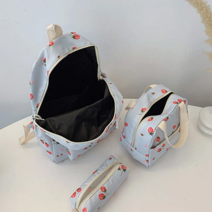 Fashionable Cute Strawberry Backpack Set 3pcs Handbag Pen Pouch Quilted Nylon Women S Dual Zipper