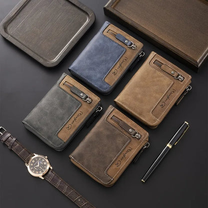 Men's Leather Bifold Wallet – Multi-Card Slots & Zipper Coin Pocket