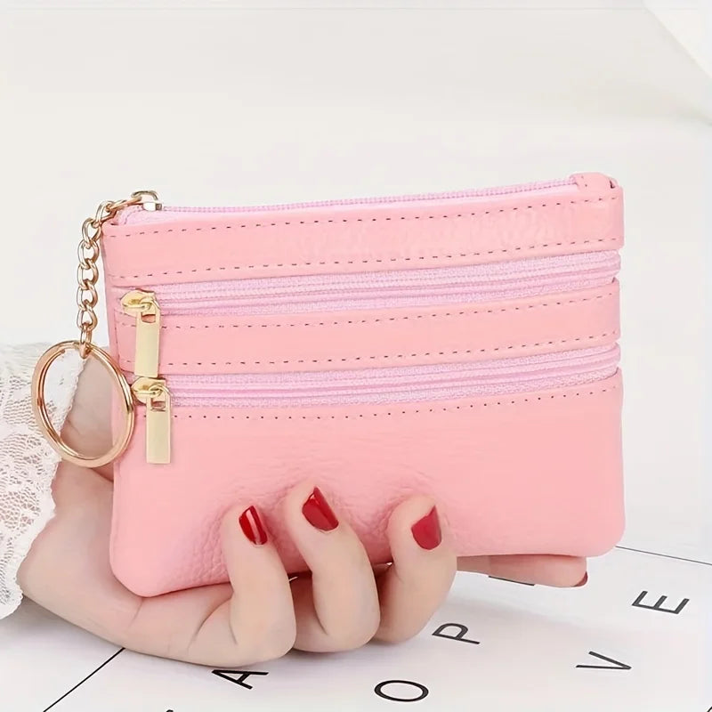 Leather Multi Zipper Pouch Mini Coin Purse Keyring Split Pocket Compact Card Cash Storage Wallet