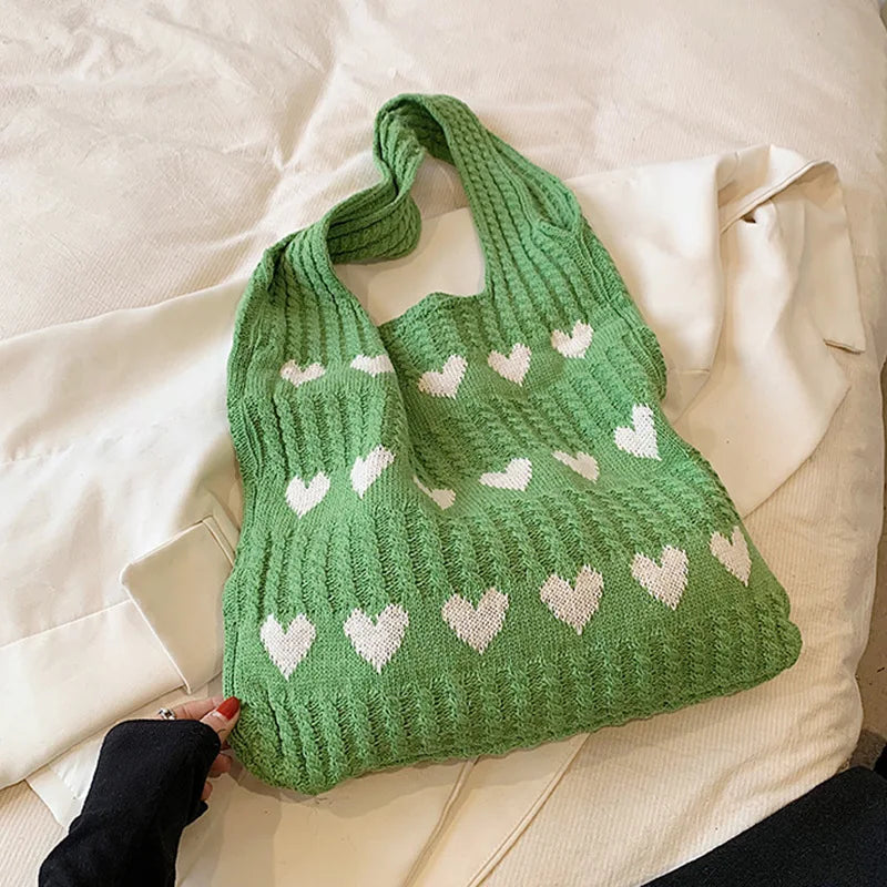 Knitted Heart Tote Bag – Women's Handmade Shoulder Bag