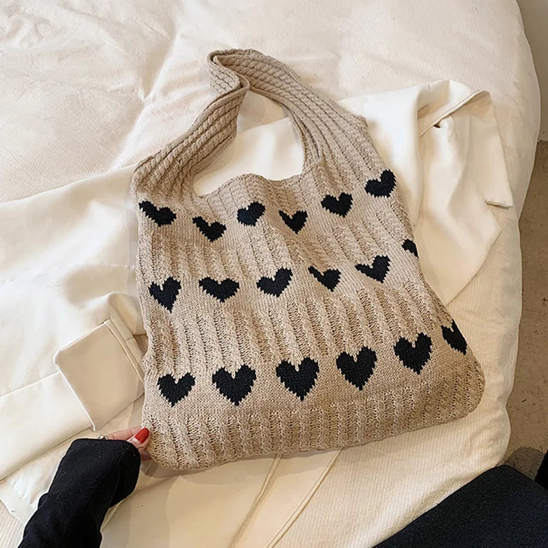 Knitted Love Pattern Tote Bag Stylish Woven Handbag Shoulder Bag Women Party Work