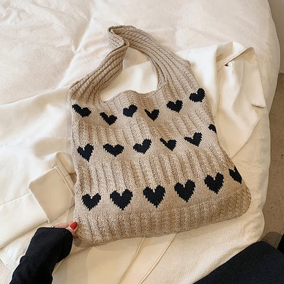 Knitted Love Pattern Tote Bag Stylish Woven Handbag Shoulder Bag Women Party Work