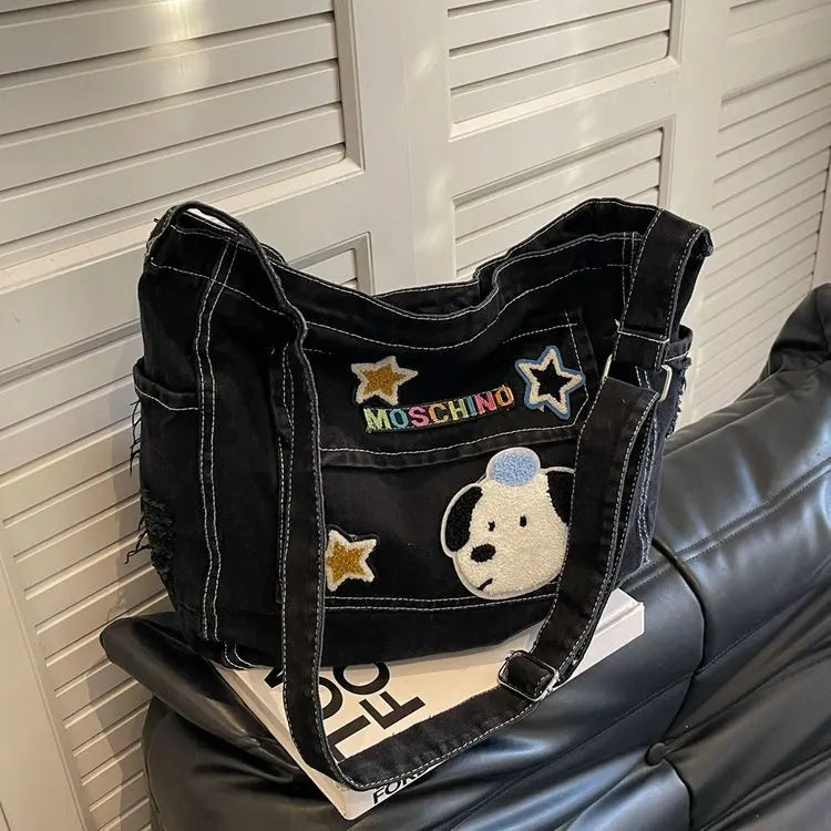 Cartoon Embroidered Denim Tote Bag – Crossbody Shoulder Bag