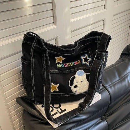 Cartoon Embroidered Denim Tote Bag – Crossbody Shoulder Bag