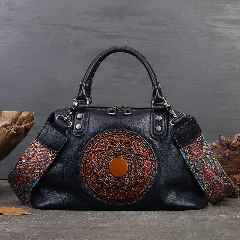 Embossed Totem Tote Bag Top-Grain Cowhide Commuter Handbag Large-Capacity Handcrafted