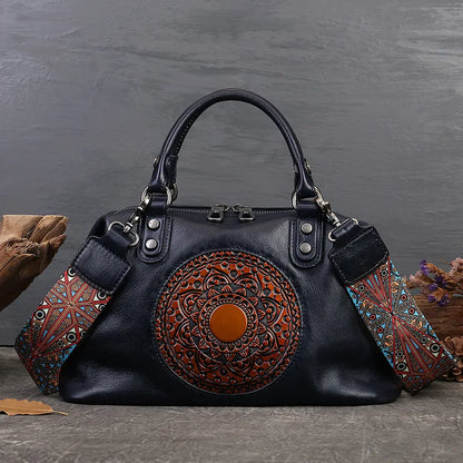 Embossed Totem Tote Bag Top-Grain Cowhide Commuter Handbag Large-Capacity Handcrafted