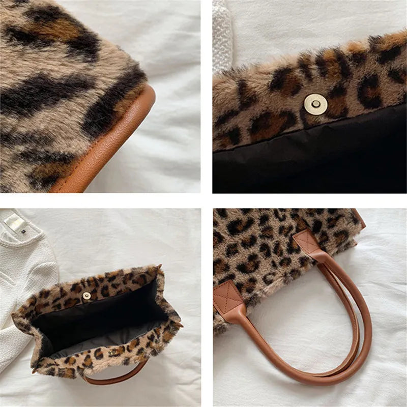 Plush Tote Bag Women's Fuzzy Handbag with Leather Trim