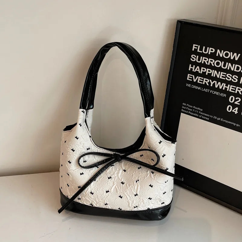 Cute Pink Bow Tote Bag Contrast Handbag Shoulder Large Capacity Soft Fabric Daily Shopping Casual