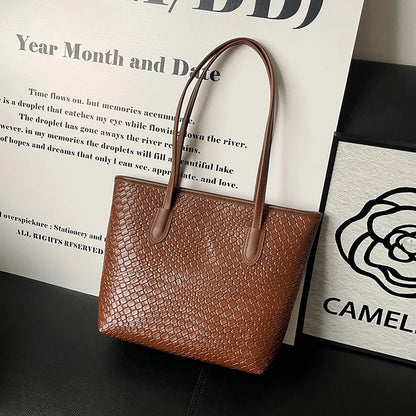 Retro Trendy Women Tote Bag Solid Color Glossy Pu Handbags Woven Texture Large Capacity Shopping