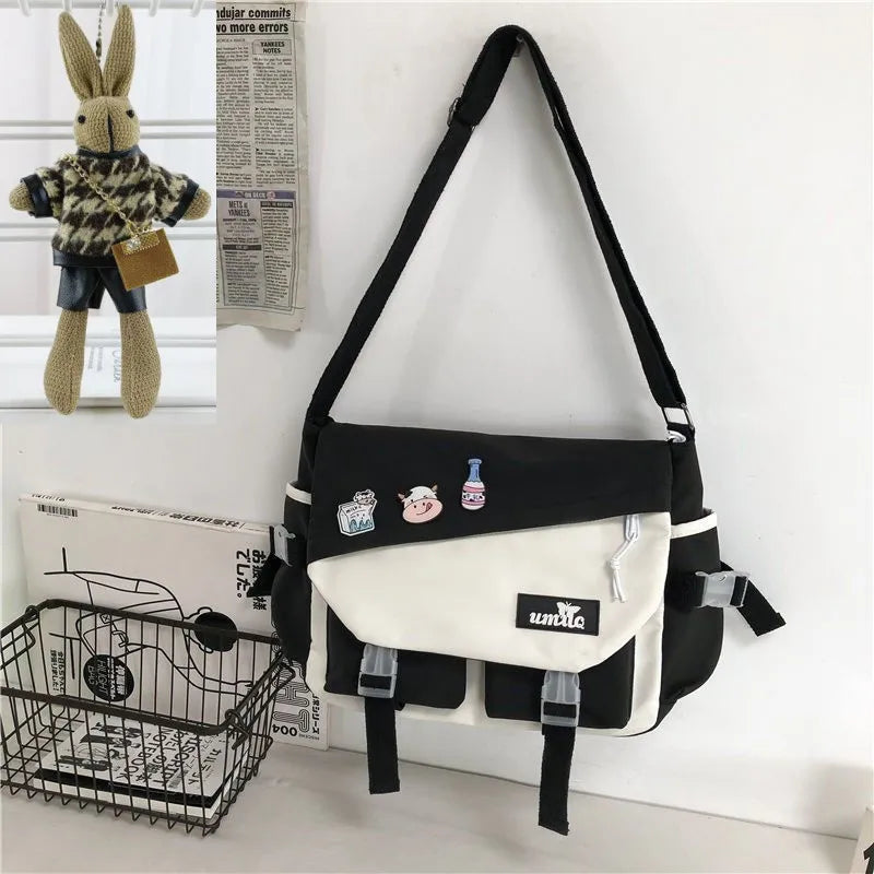 Harajuku Nylon Messenger Bag with Cute Badge Pins – Large Capacity