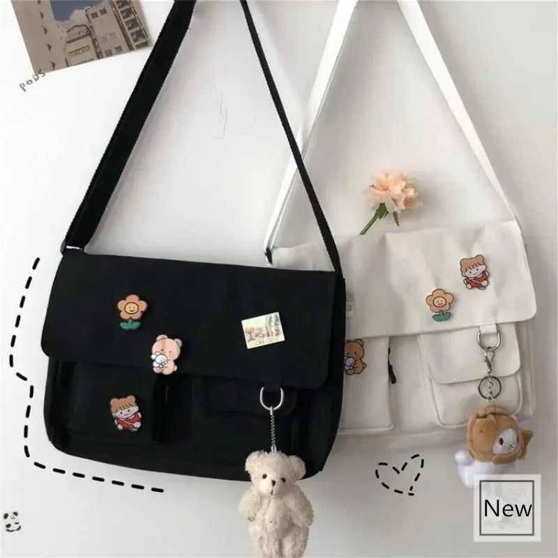 Harajuku Canvas Crossbody Bag with Cute Badge Pins