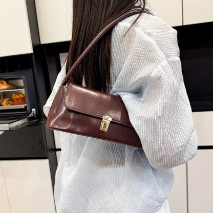 Spring Trendy Basics Underarm Bag Solid Color Pu Shoulder Metal Flap Handbag Commute Shopping