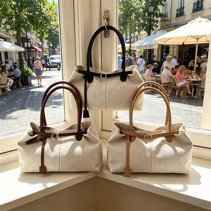 Linen Tote Bag with Leather Handles & Buckle Detail
