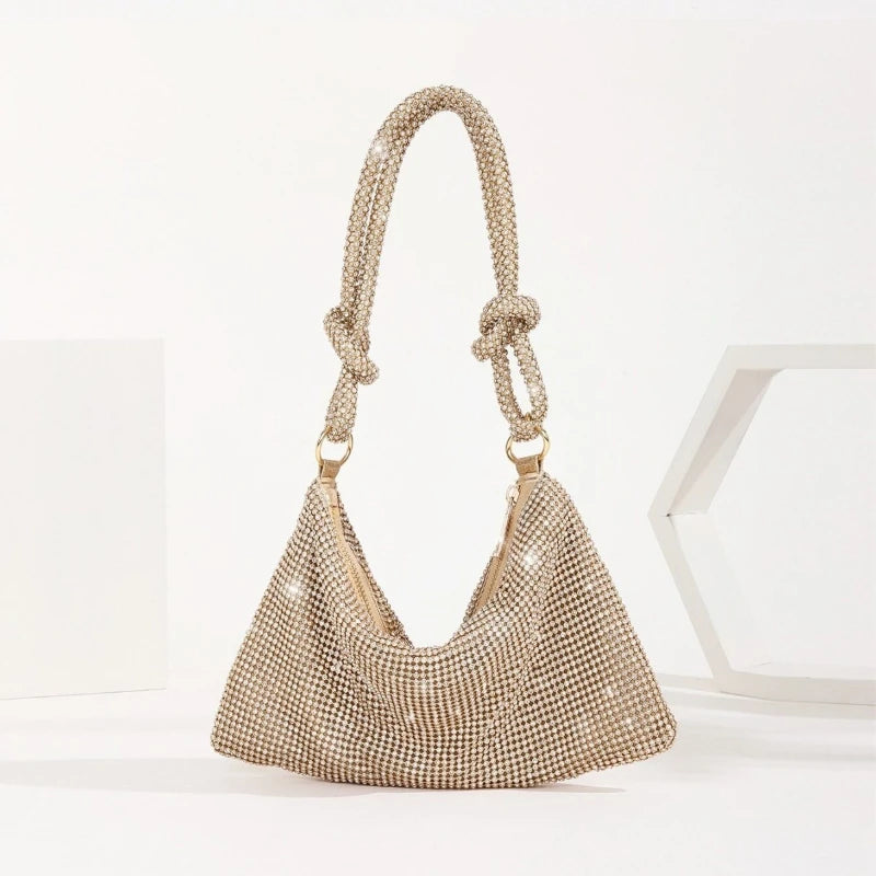 Rhinestone Embellished Shoulder Bags Sparkly Crystal Evening Purse Knotted Handle Parties Occasions
