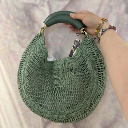 Popular Straw Crescent Bag Woven Tote Pu Leather Handle