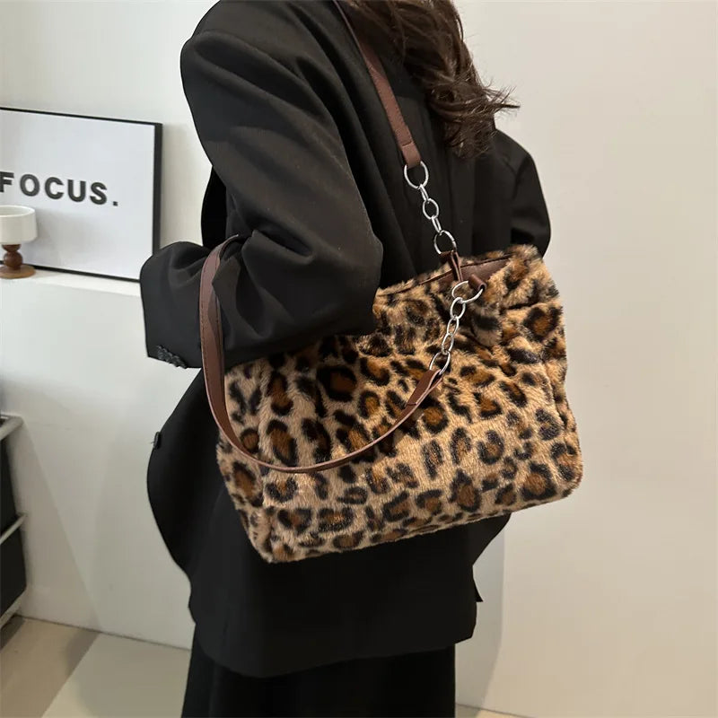 Leopard Print Plush Tote Bag – Soft Fuzzy Shoulder Handbag