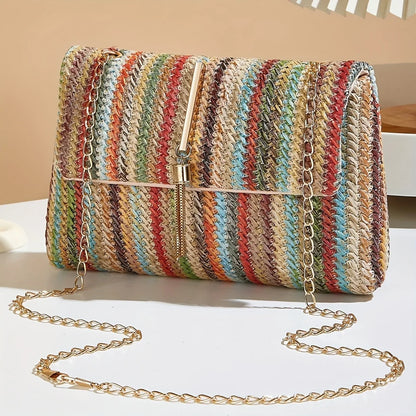 Rainbow Stripe Straw Crossbody Bag – Chain Strap & Tassel