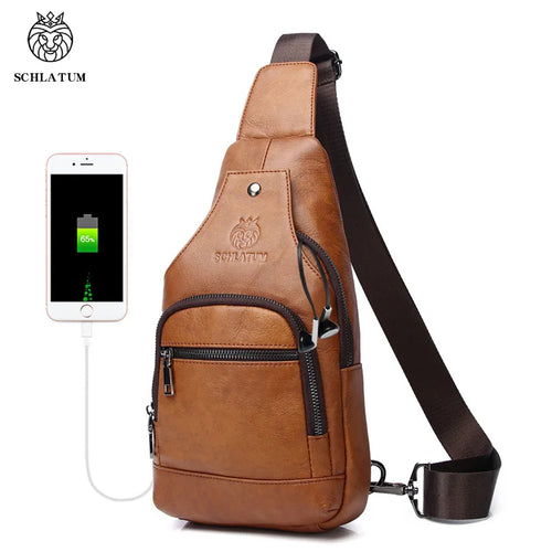 Top-Grain Cowhide Men S Genuine Leather Single-Shoulder Crossbody Chest Bag Retro Usb Front Shoulder