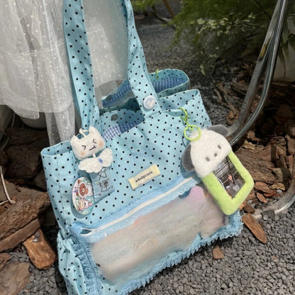 Cute Hand Ulzzang Y2k Ita Bag Girls Large Capacity Fashionable Polka Dot Canvas Shoulder Casual