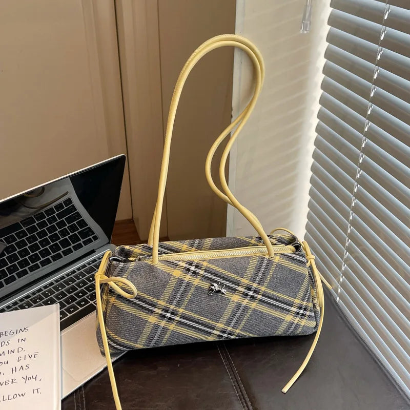 Microfiber Striped Plaid Zipper Bow Handbags Affordable Luxury Design Sense Shoulder Bags Satchels