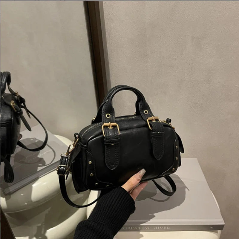 Women S Retro Shoulder Bag Cool Studded Decor Motorcycle Exquisite Versatile Bowling Multiple