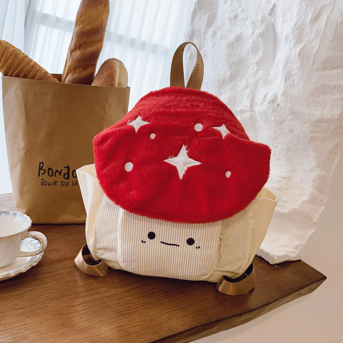 Fashionable Plush Cartoon Mushroom Student Backpack Soft Lightweight Large Capacity Girl S School