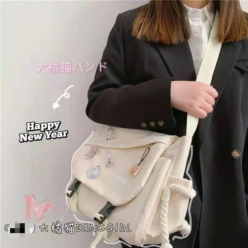 Kawaii Pins Decor Messenger Bag Release Buckle Decor Flap Crossbody Bag Large Capacity School Bag