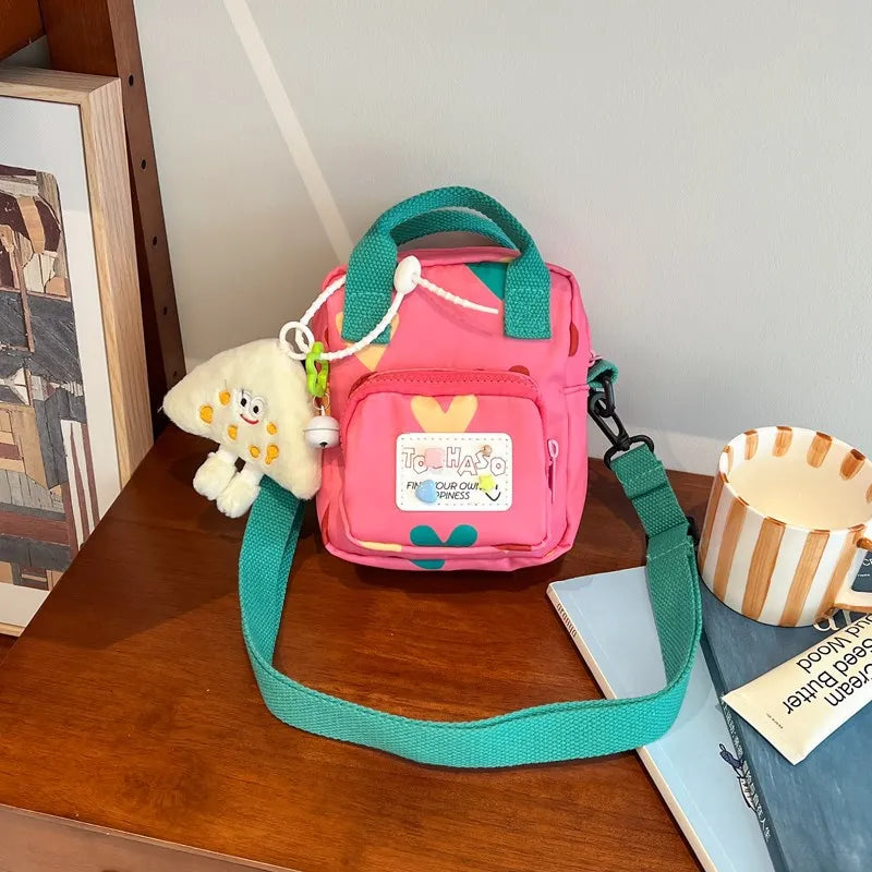 Cute Plush Charm Mini Crossbody Bag Two Tone Canvas Shoulder Purse Adjustable Strap Cartoon Handbag