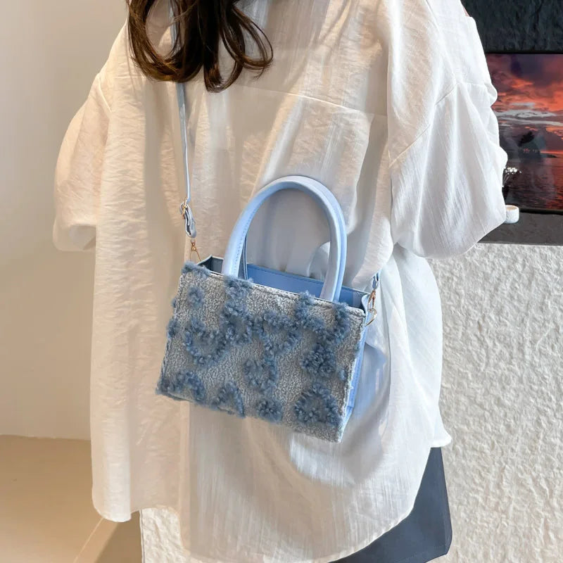 Cute Pink Heart Pattern Fuzzy Tote Bag Stylish Mini Top Handle Crossbody Purse