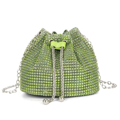 Gold Rhinestone Large Capacity Tote Bag Sparkly Drawstring Crossbody Purse Gold Chain Strap Party