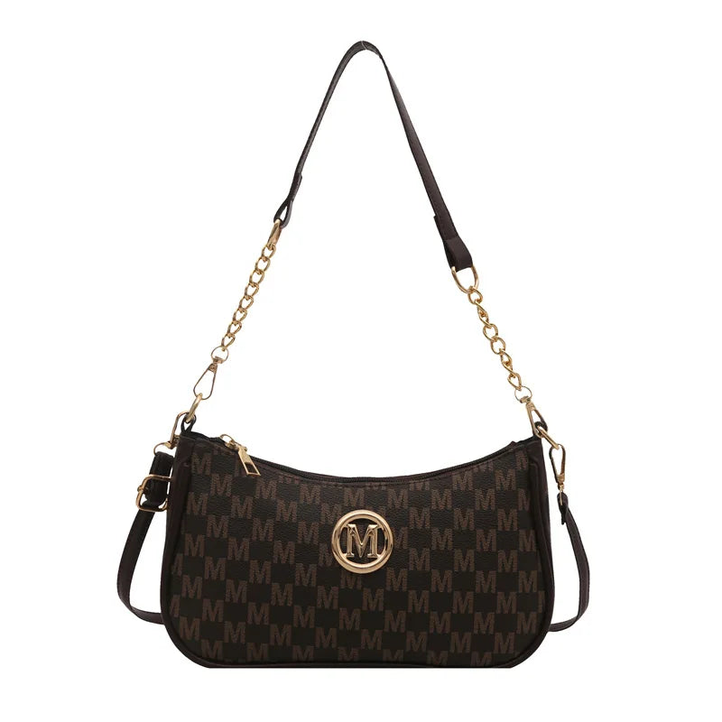 Chic Monogram Print Beige Shoulder Bag Small Crossbody Handbag Gold Chain Accent Woman Everyday
