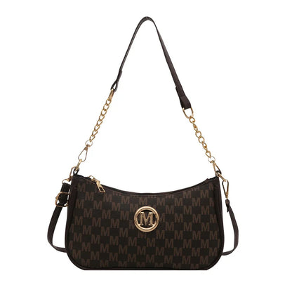 Chic Monogram Print Beige Shoulder Bag Small Crossbody Handbag Gold Chain Accent Woman Everyday