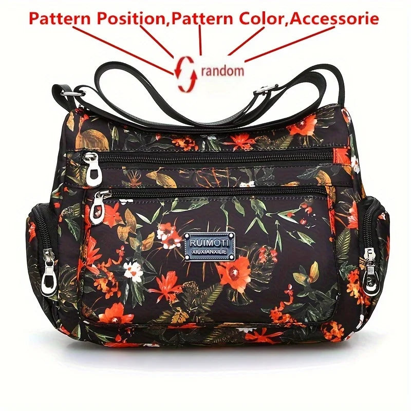 Floral Crossbody Bag for Women – Multi-Pocket Nylon Shoulder Bag