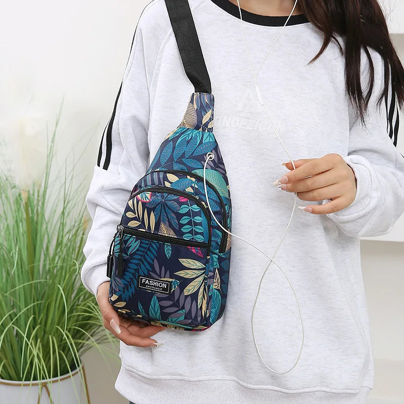Outdoor Travel Hiking Cycling Chest Bag Women Colorful Floral Leaves Print Sling Backpack