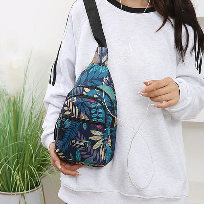Outdoor Travel Hiking Cycling Chest Bag Women Colorful Floral Leaves Print Sling Backpack