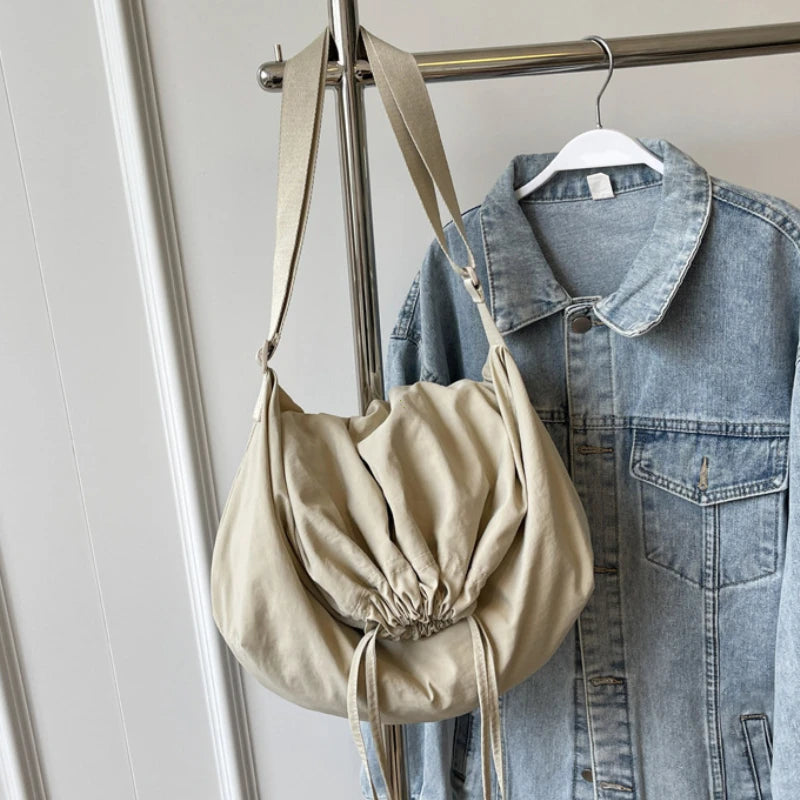 Women Drawstring Shoulder Bag Solid Color Sling Adjustable Strap Lightweight Shopping Girls Outdoor