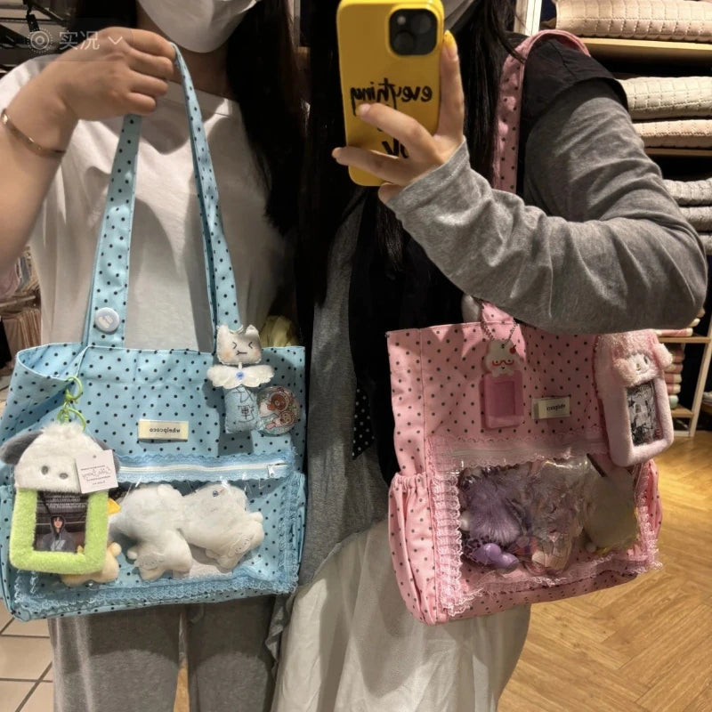 Cute Hand Ulzzang Y2k Ita Bag Girls Large Capacity Fashionable Polka Dot Canvas Shoulder Casual